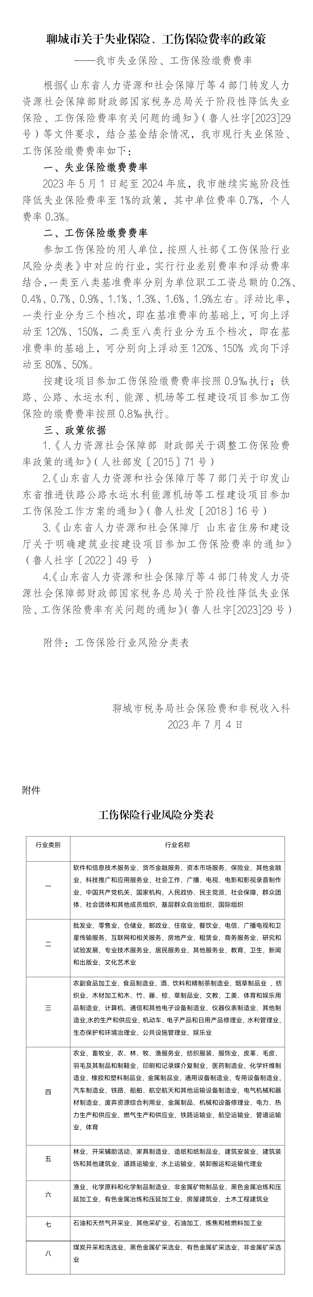 聊城市关于失业保险、工伤保险费率的政策